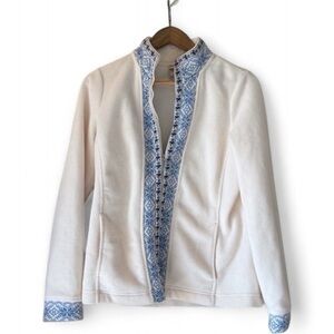 LL Bean‎ Fleece Jacket Embroidered Trim Full Zip Cozy Comfy Cream Small